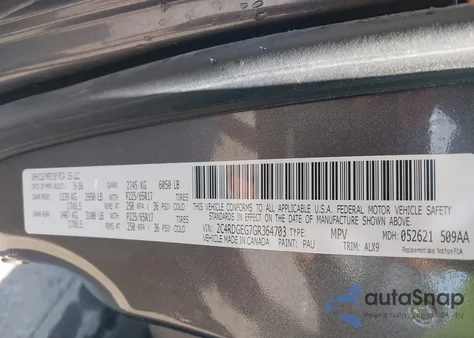 2016 Dodge Grand Caravan R/T z USA, uszkodzony, nr VIN 2C4RDGEG7GR364703